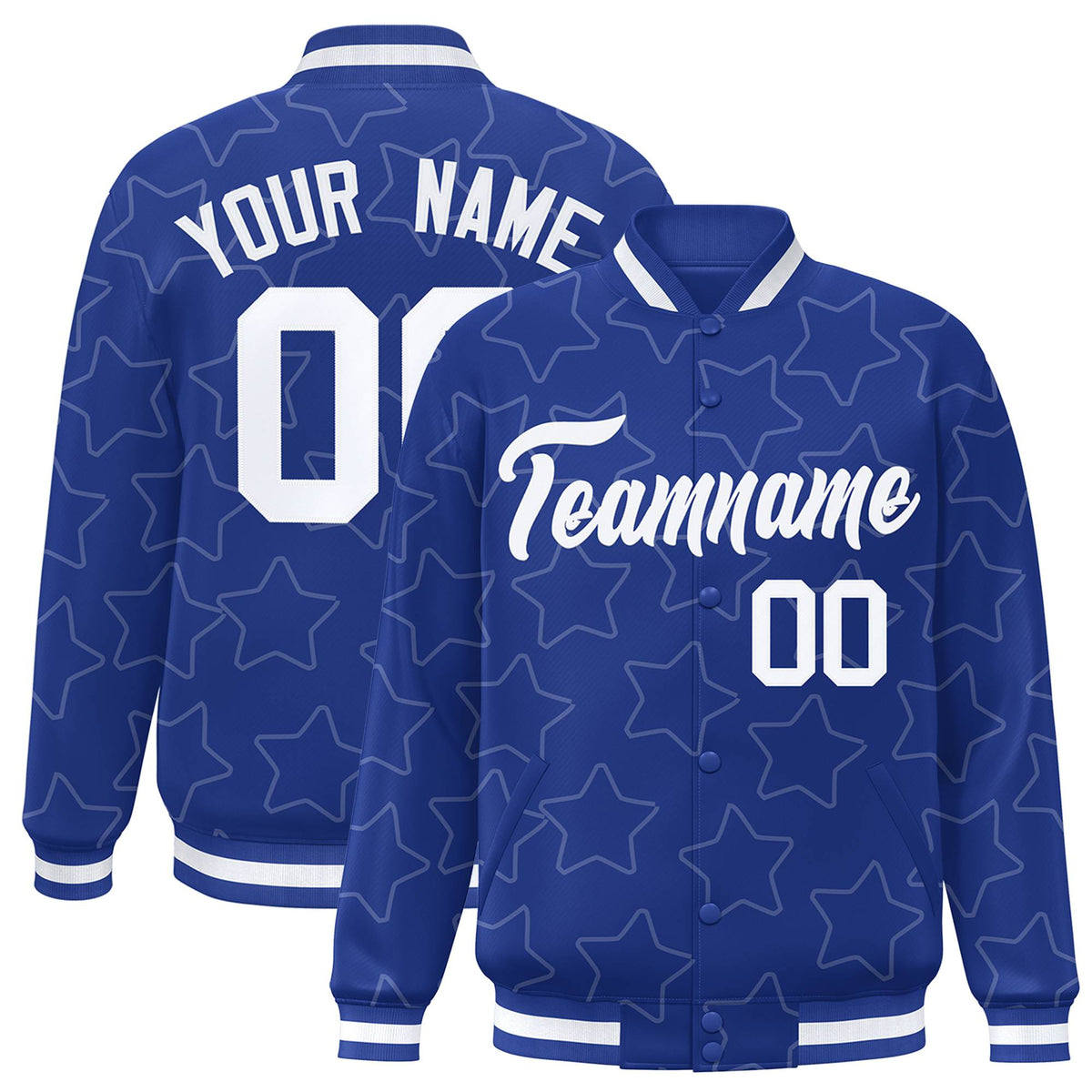 Custom Royal Blue White Varsity Full-Snap Star Pattern Letterman Baseball Jacket