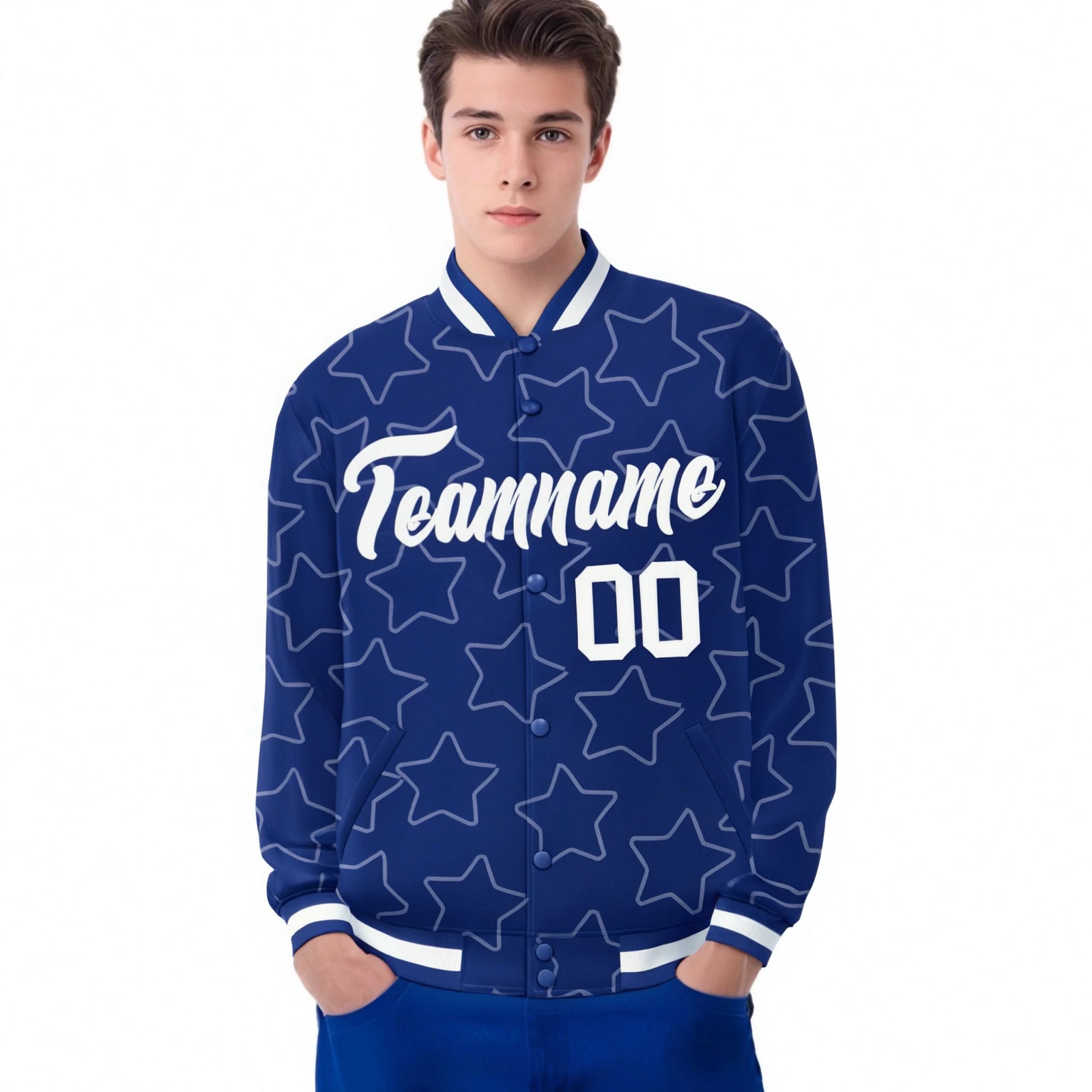 Custom Royal Blue White Varsity Full-Snap Star Pattern Letterman Baseball Jacket