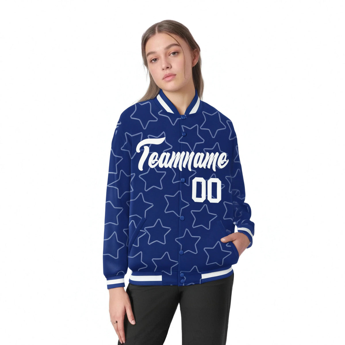 Custom Royal Blue White Varsity Full-Snap Star Pattern Letterman Baseball Jacket