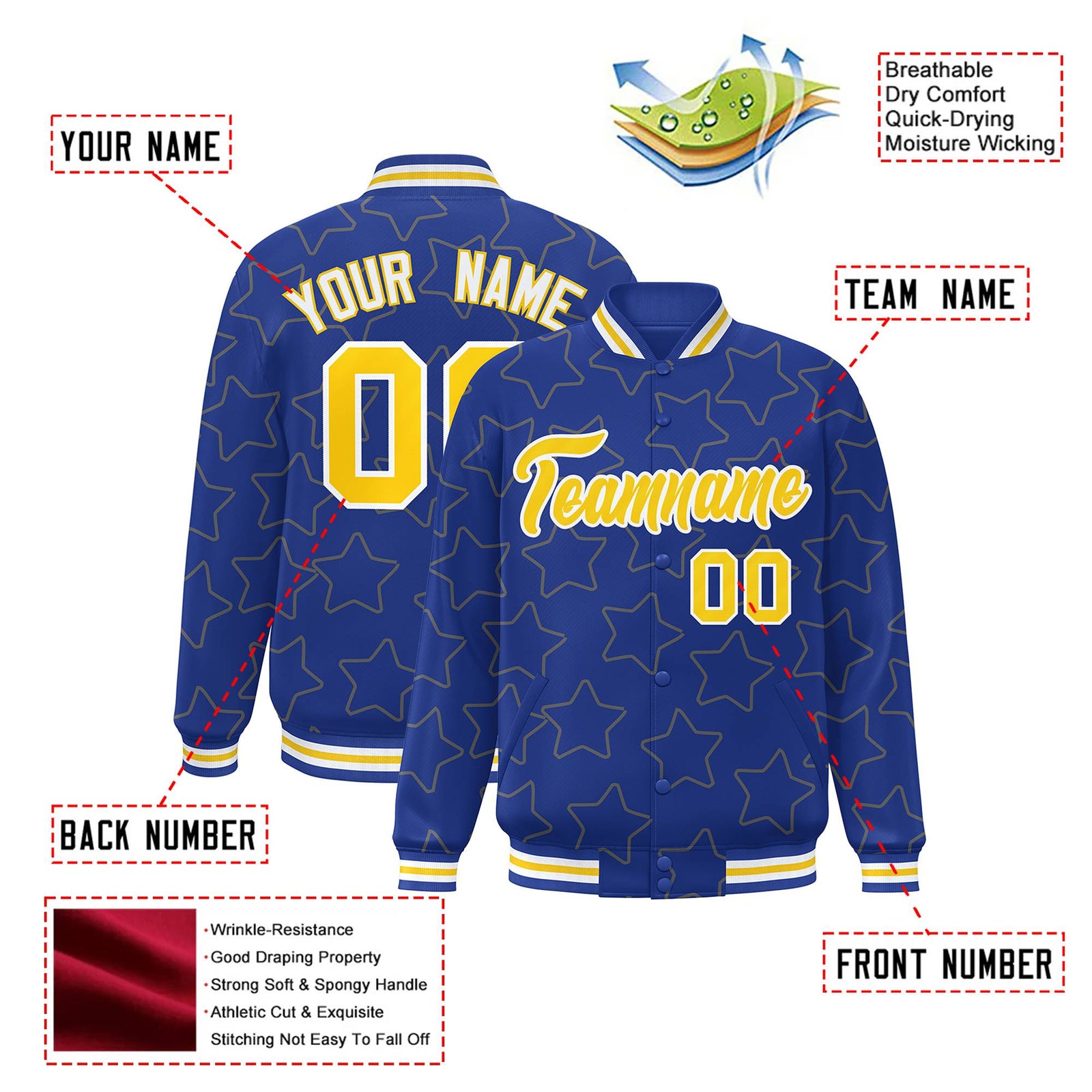 Custom Royal Blue Gold-White Varsity Full-Snap Star Pattern Letterman Baseball Jacket