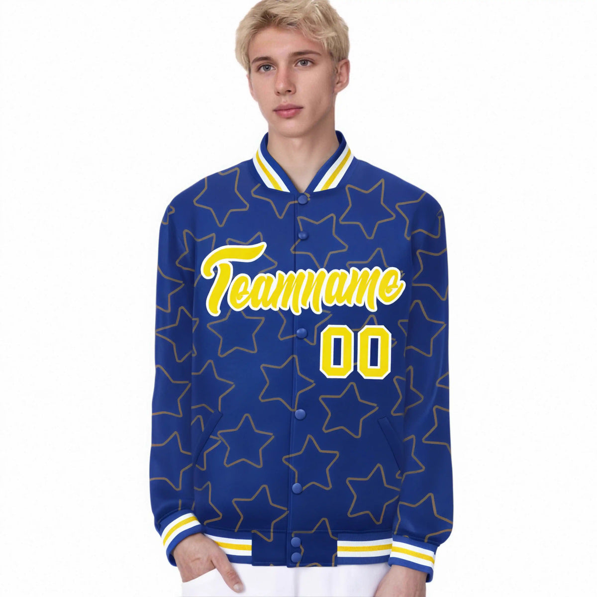 Custom Royal Blue Gold-White Varsity Full-Snap Star Pattern Letterman Baseball Jacket