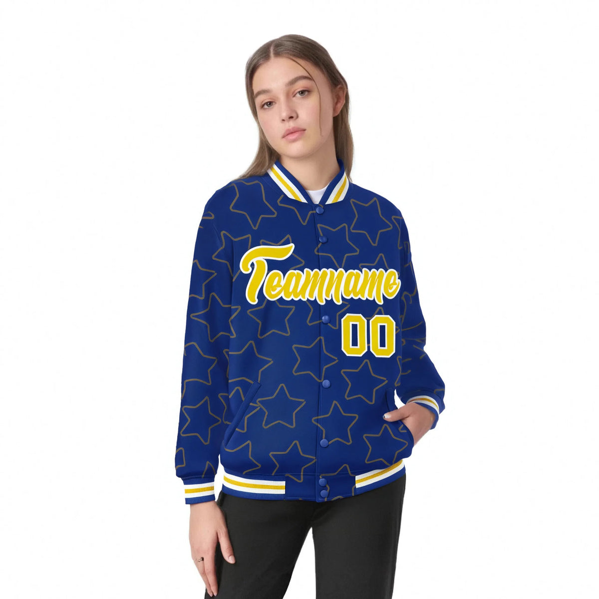 Custom Royal Blue Gold-White Varsity Full-Snap Star Pattern Letterman Baseball Jacket