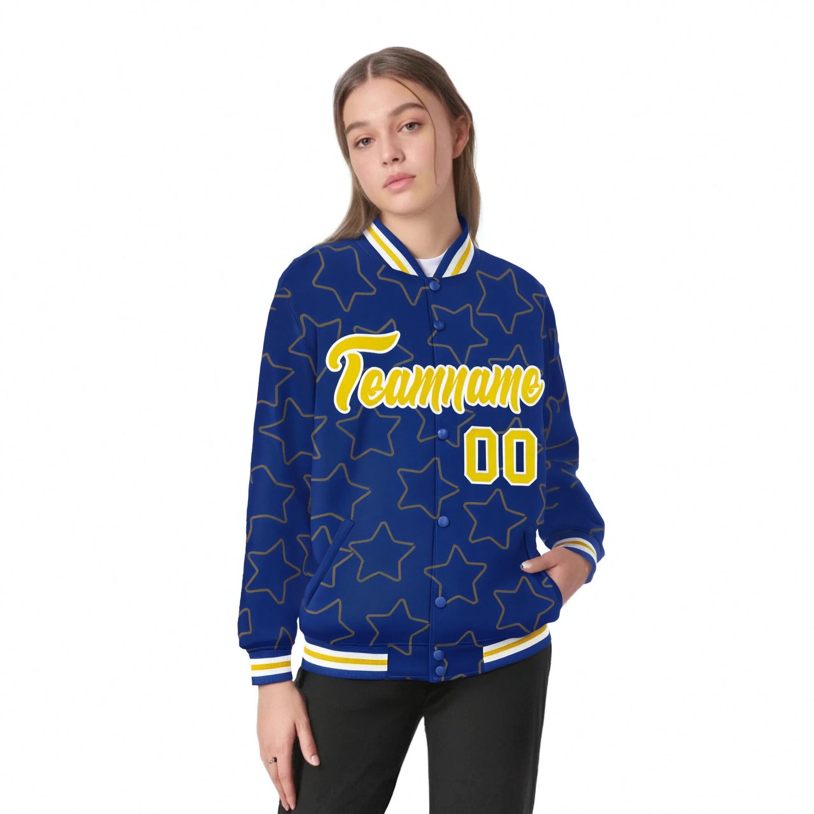 Custom Royal Blue Gold-White Varsity Full-Snap Star Pattern Letterman Baseball Jacket
