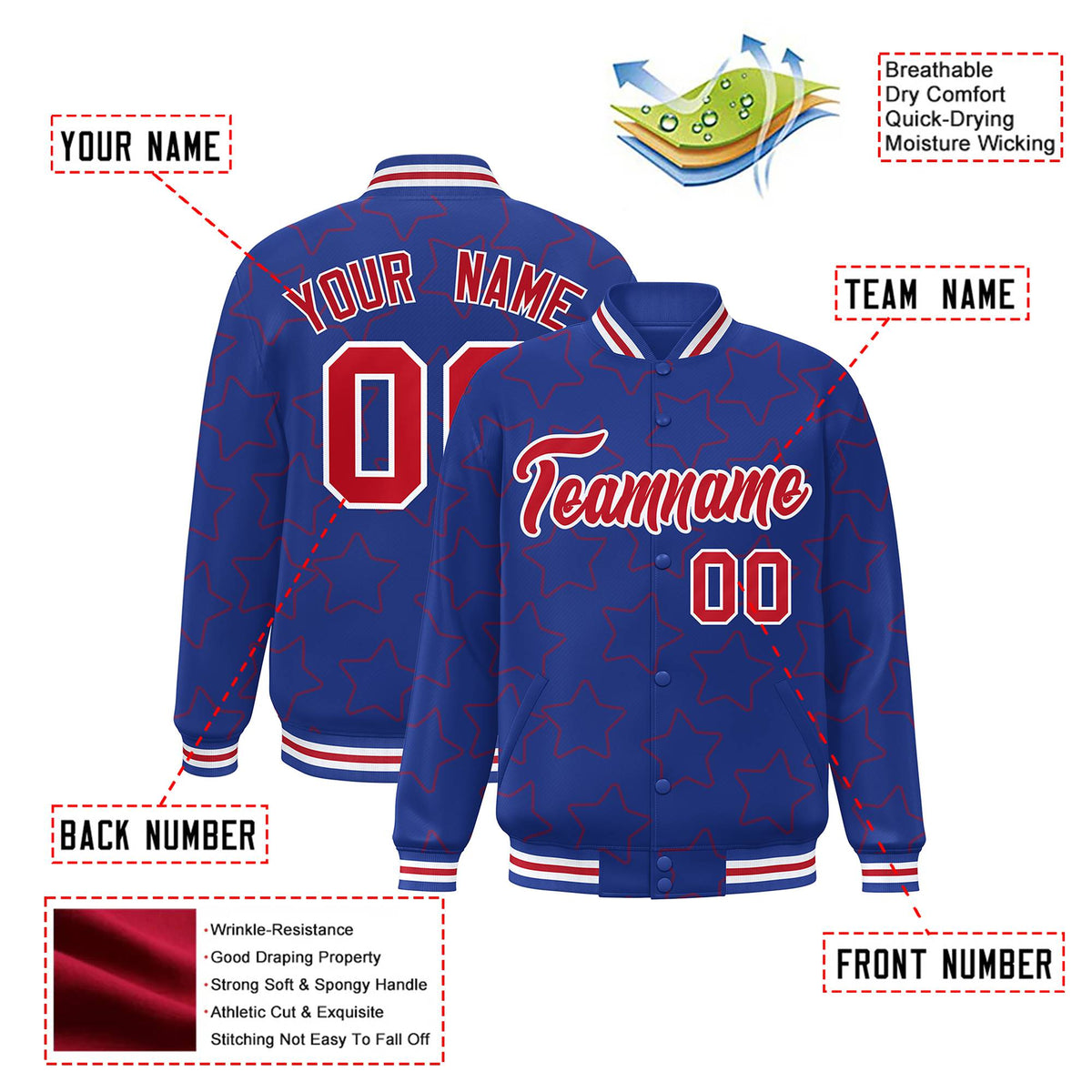 Custom Royal Blue Red-White Varsity Full-Snap Star Pattern Letterman Baseball Jacket