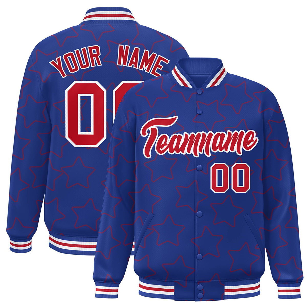 Custom Royal Blue Red-White Varsity Full-Snap Star Pattern Letterman Baseball Jacket