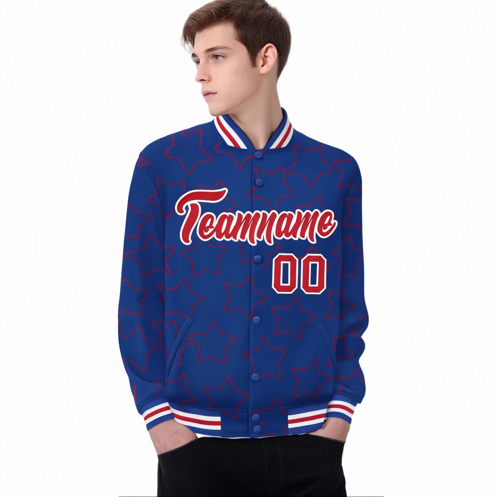 Custom Royal Blue Red-White Varsity Full-Snap Star Pattern Letterman Baseball Jacket
