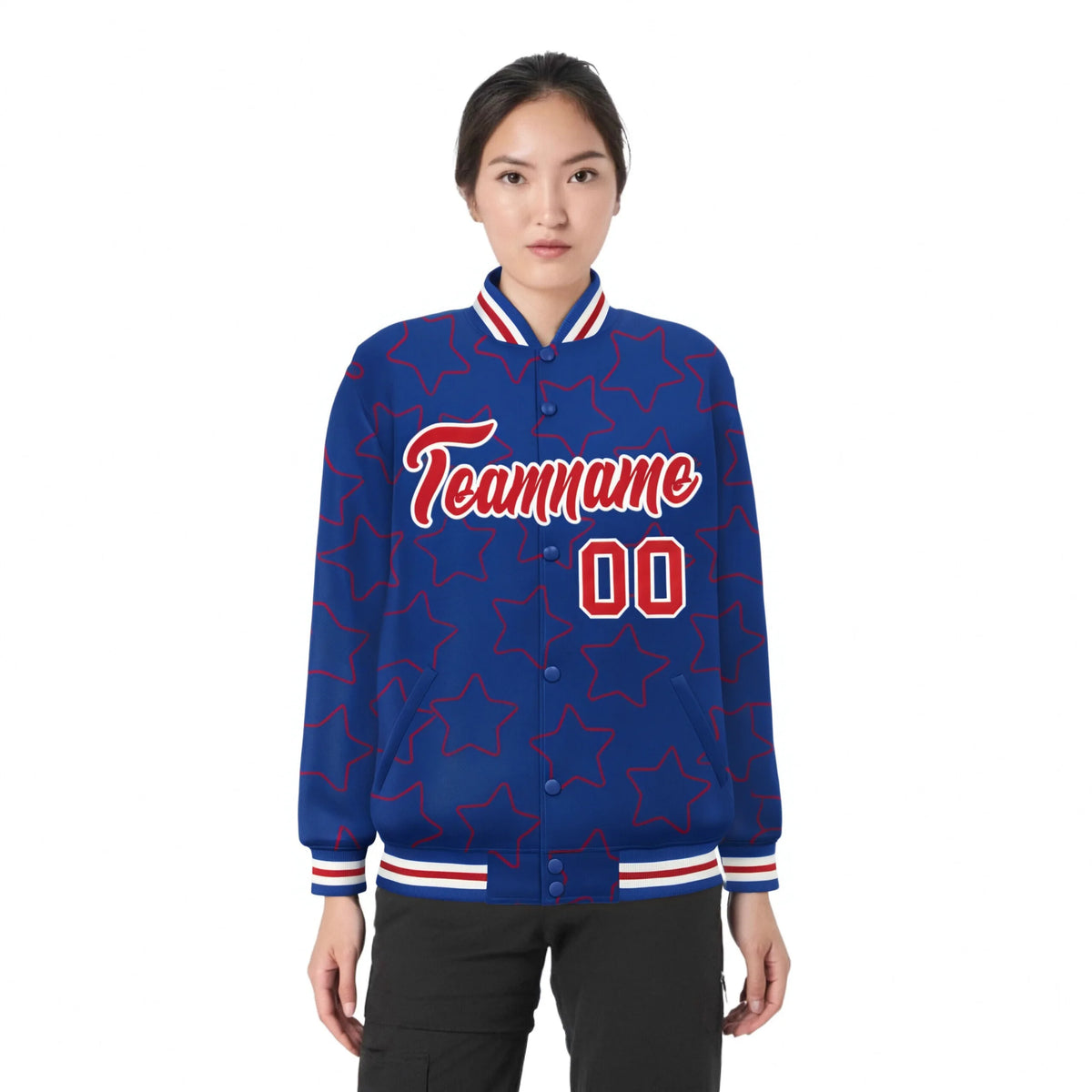 Custom Royal Blue Red-White Varsity Full-Snap Star Pattern Letterman Baseball Jacket