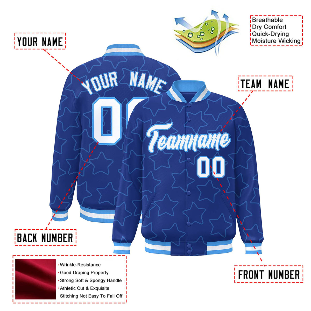 Custom Royal Blue White-Powder Blue Varsity Full-Snap Star Pattern Letterman Baseball Jacket