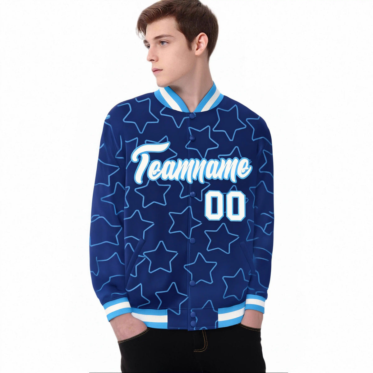 Custom Royal Blue White-Powder Blue Varsity Full-Snap Star Pattern Letterman Baseball Jacket