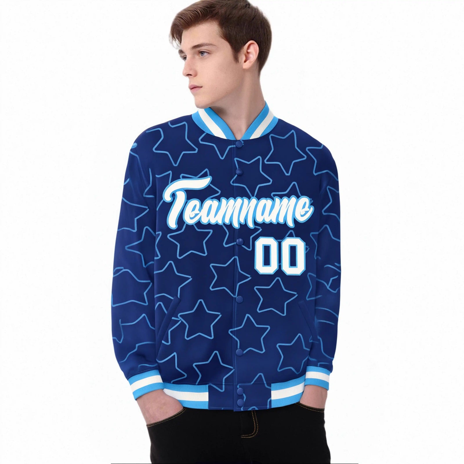 Custom Royal Blue White-Powder Blue Varsity Full-Snap Star Pattern Letterman Baseball Jacket
