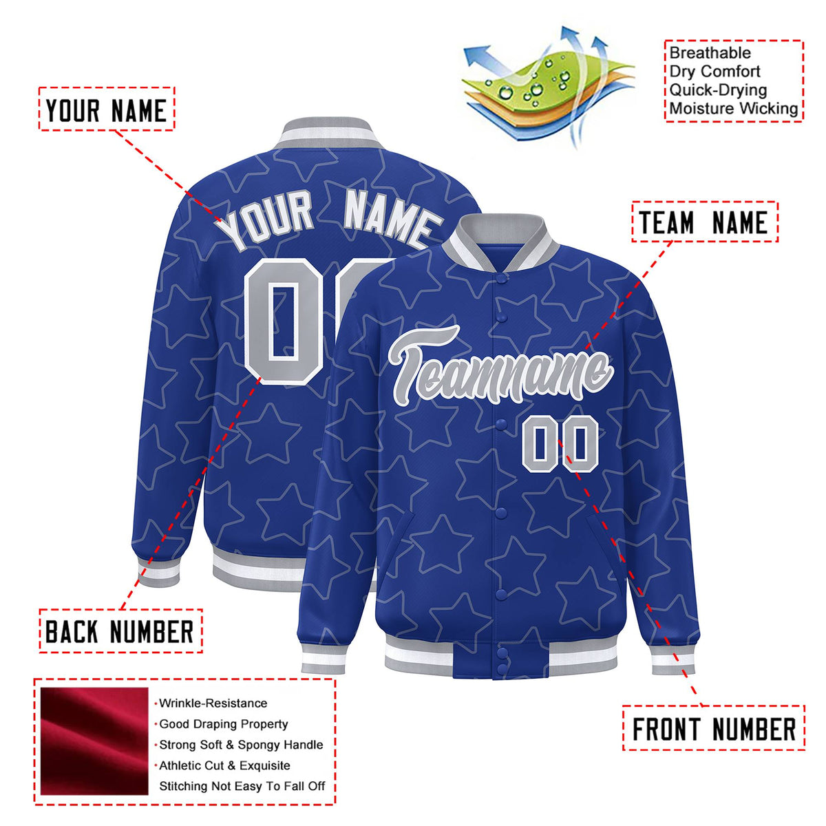 Custom Royal Blue Gray-White Varsity Full-Snap Star Pattern Letterman Baseball Jacket