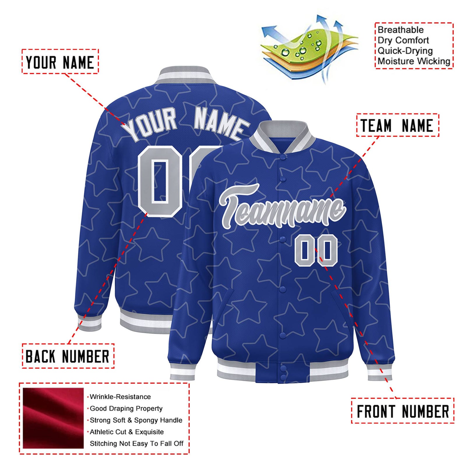 Custom Royal Blue Gray-White Varsity Full-Snap Star Pattern Letterman Baseball Jacket