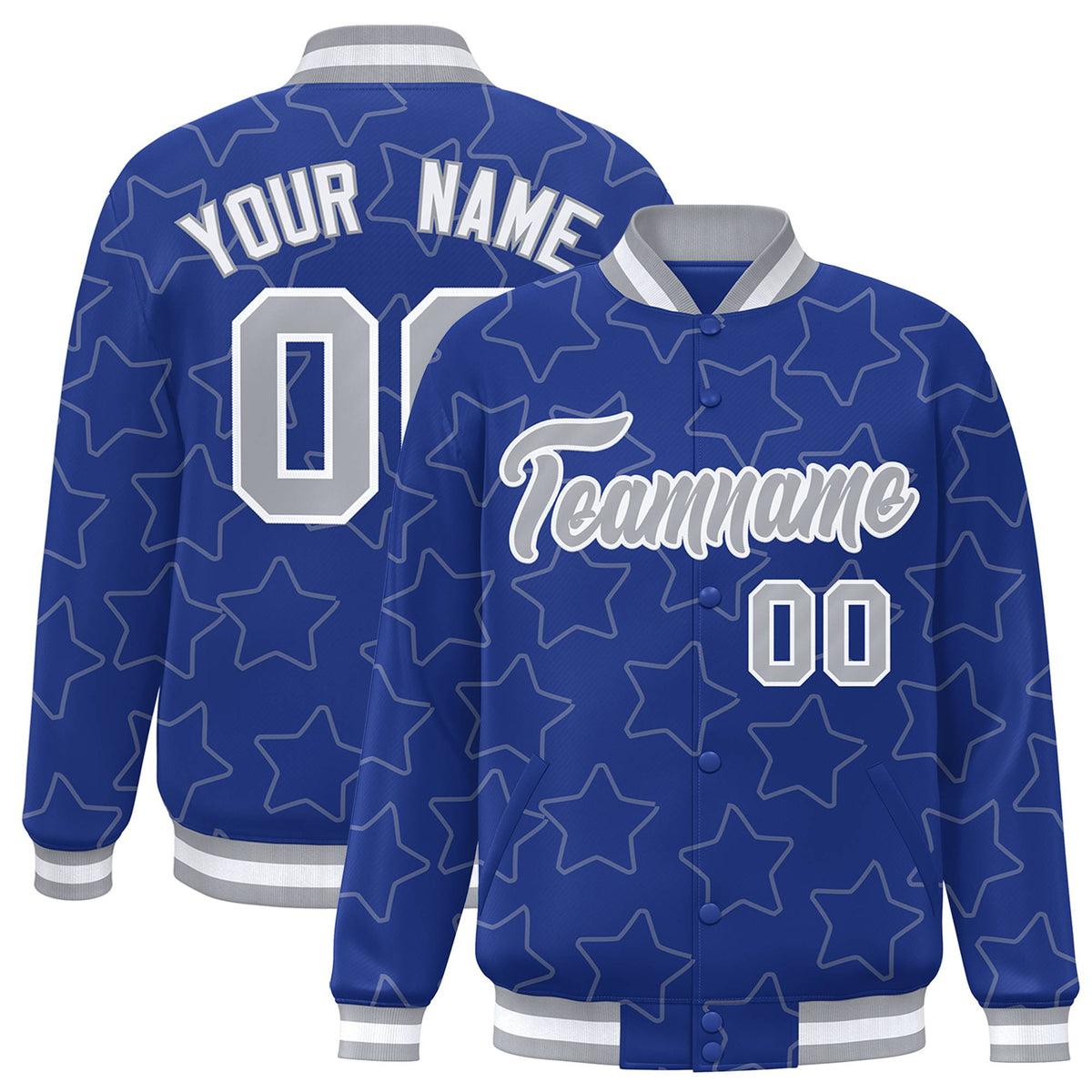 Custom Royal Blue Gray-White Varsity Full-Snap Star Pattern Letterman Baseball Jacket