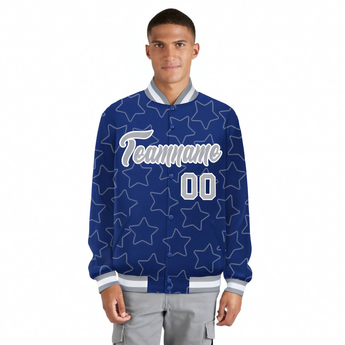 Custom Royal Blue Gray-White Varsity Full-Snap Star Pattern Letterman Baseball Jacket