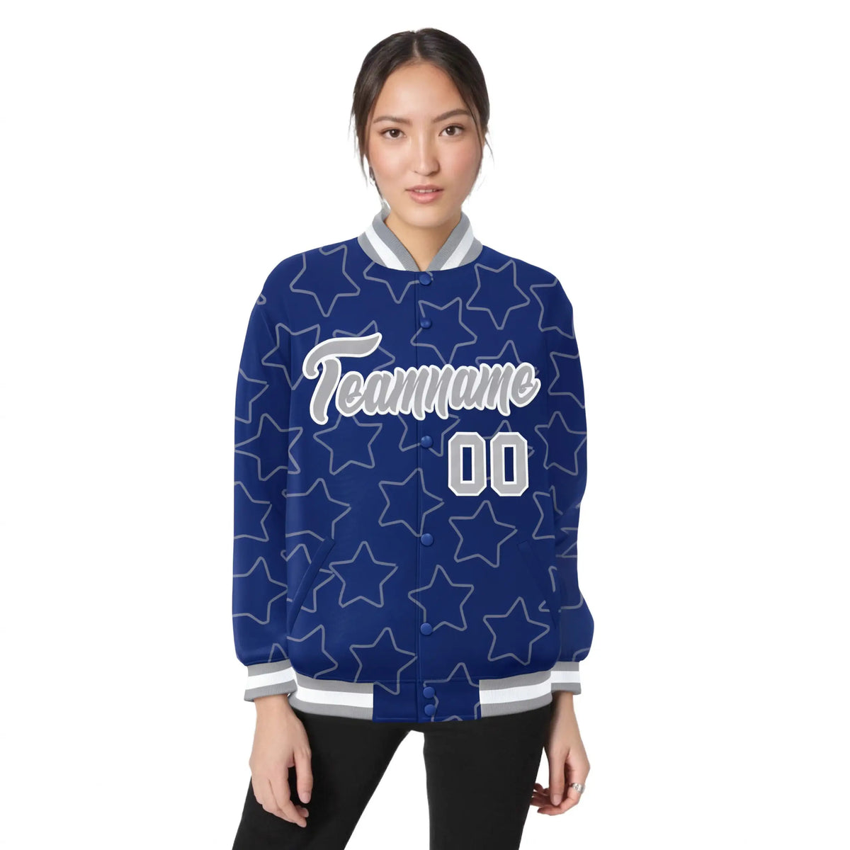 Custom Royal Blue Gray-White Varsity Full-Snap Star Pattern Letterman Baseball Jacket