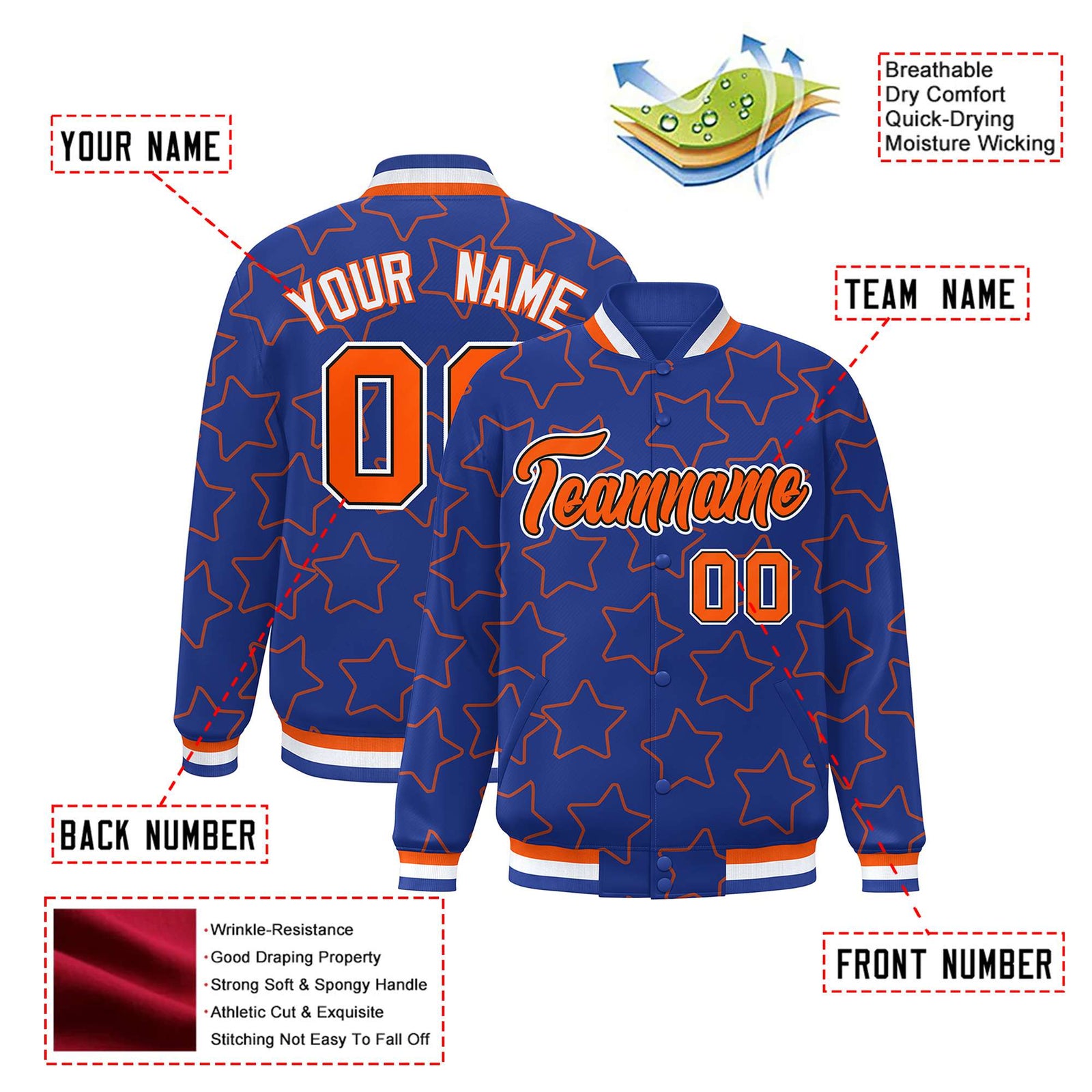 Custom Royal Blue Orange Varsity Full-Snap Star Pattern Letterman Baseball Jacket