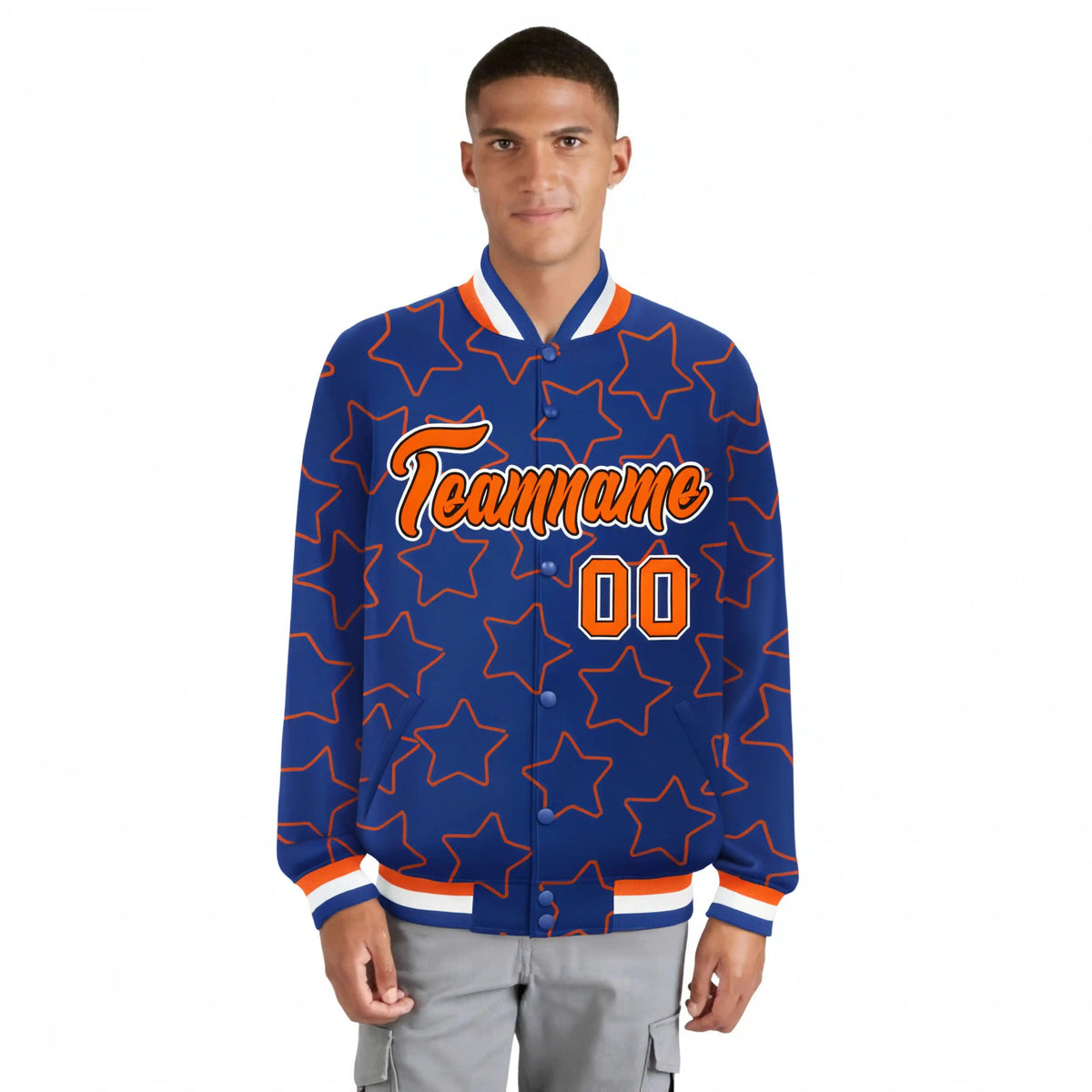 Custom Royal Blue Orange Varsity Full-Snap Star Pattern Letterman Baseball Jacket