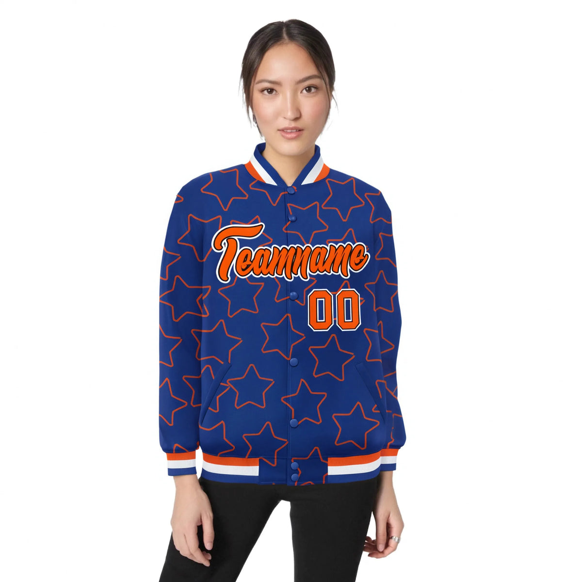 Custom Royal Blue Orange Varsity Full-Snap Star Pattern Letterman Baseball Jacket