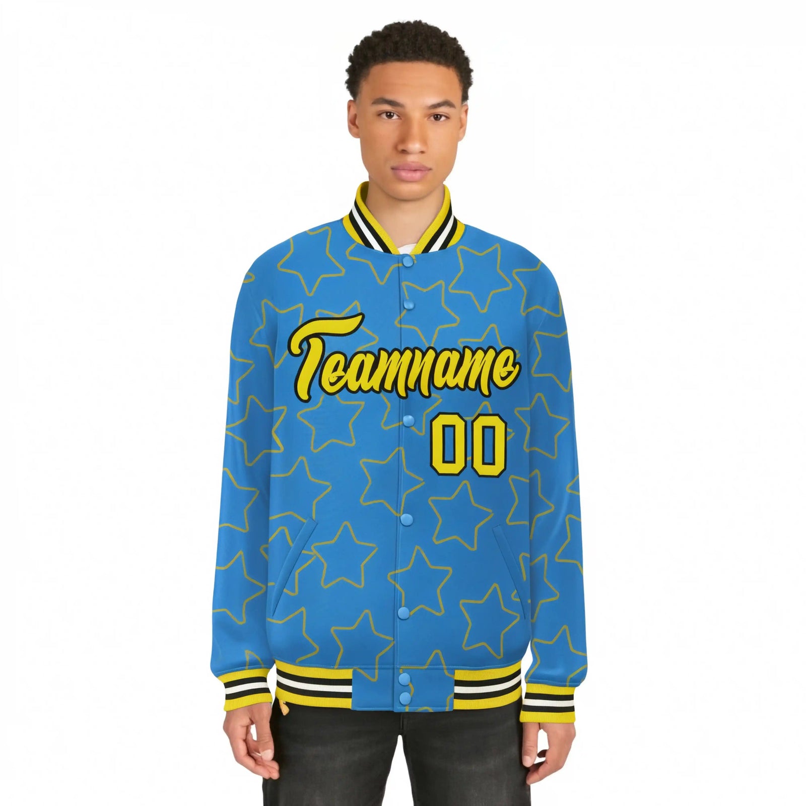 Custom Powder Blue Gold-Black Varsity Full-Snap Star Pattern Letterman Baseball Jacket