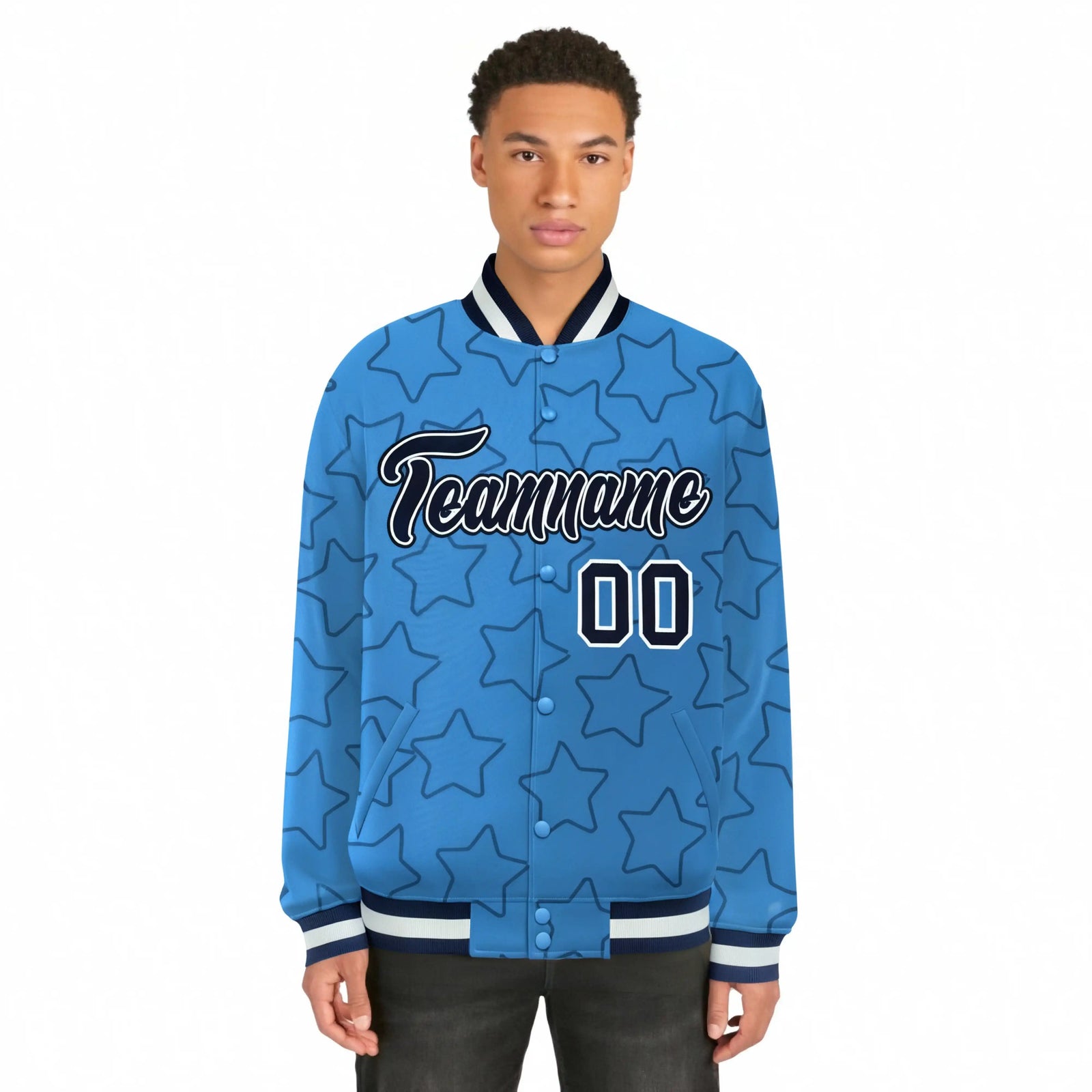 Custom Powder Blue Navy-White Varsity Full-Snap Star Pattern Letterman Baseball Jacket