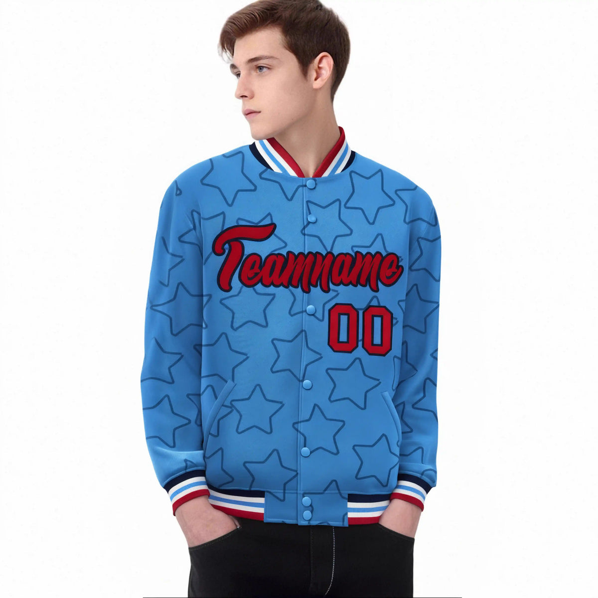 Custom Powder Blue Red-Navy Varsity Full-Snap Star Pattern Letterman Baseball Jacket