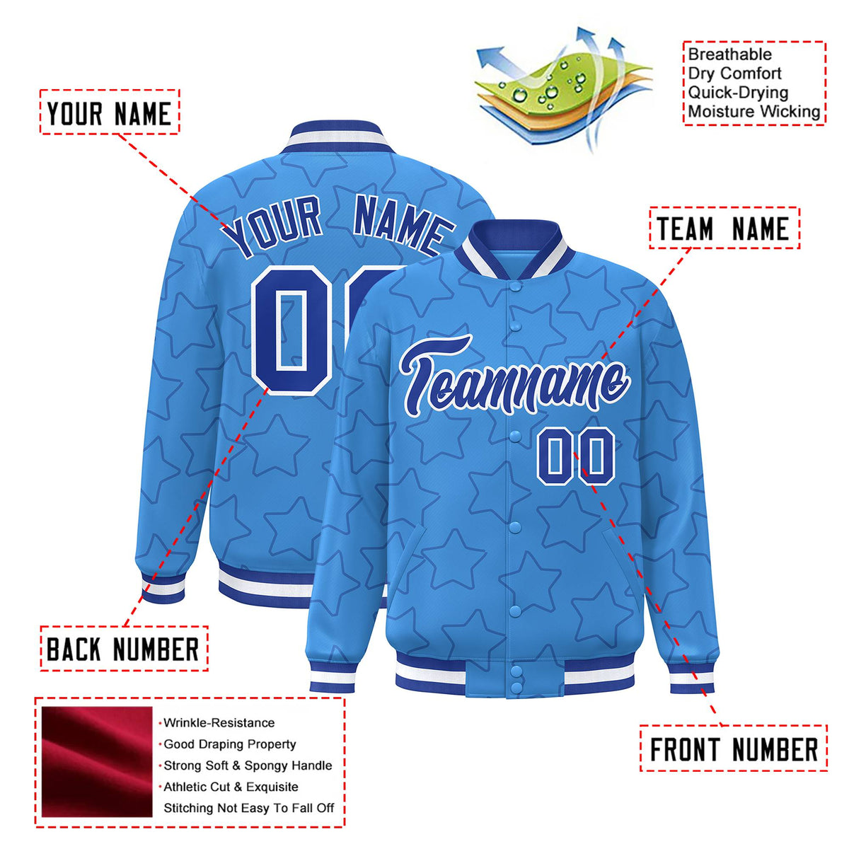 Custom Powder Blue Royal Blue-White Varsity Full-Snap Star Pattern Letterman Baseball Jacket