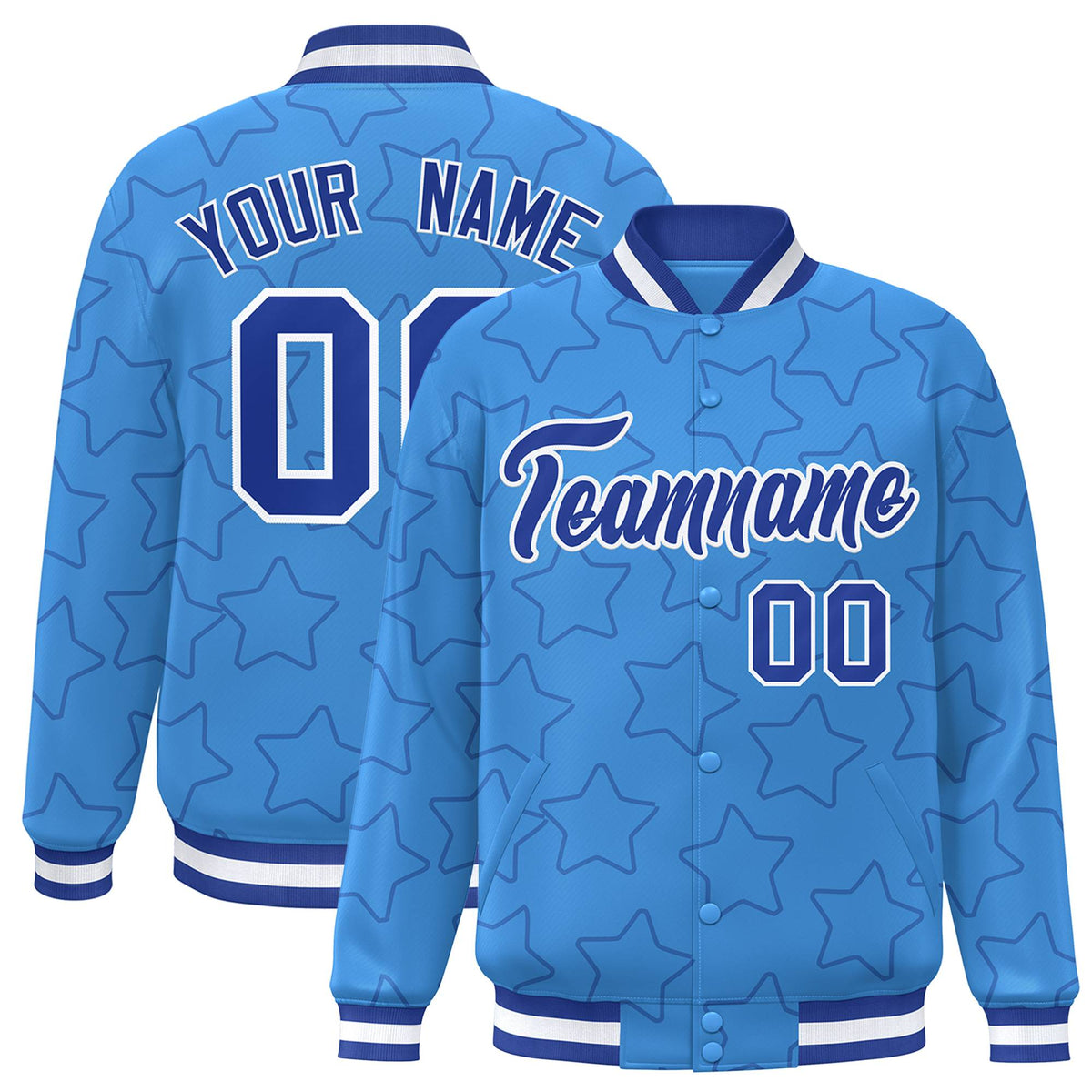 Custom Powder Blue Royal Blue-White Varsity Full-Snap Star Pattern Letterman Baseball Jacket