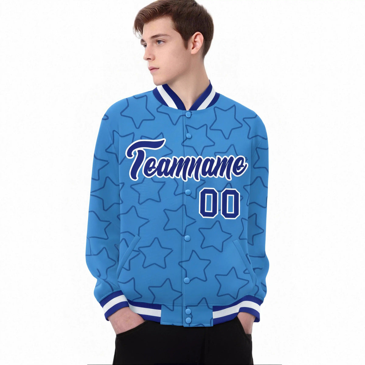 Custom Powder Blue Royal Blue-White Varsity Full-Snap Star Pattern Letterman Baseball Jacket