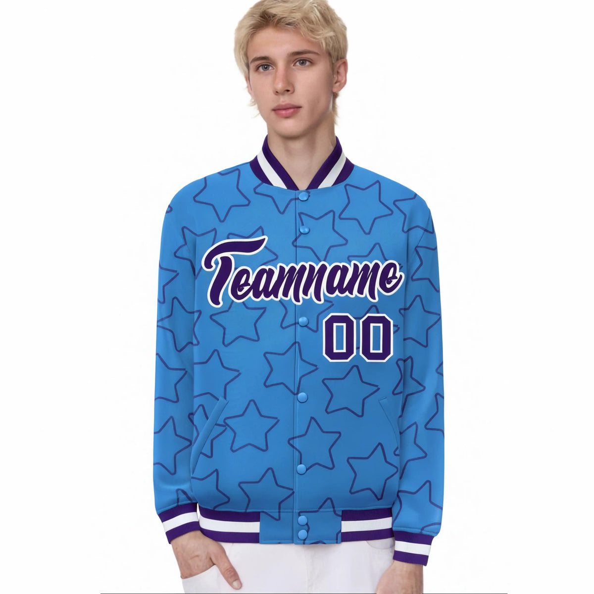 Custom Powder Blue Purple-White Varsity Full-Snap Star Pattern Letterman Baseball Jacket