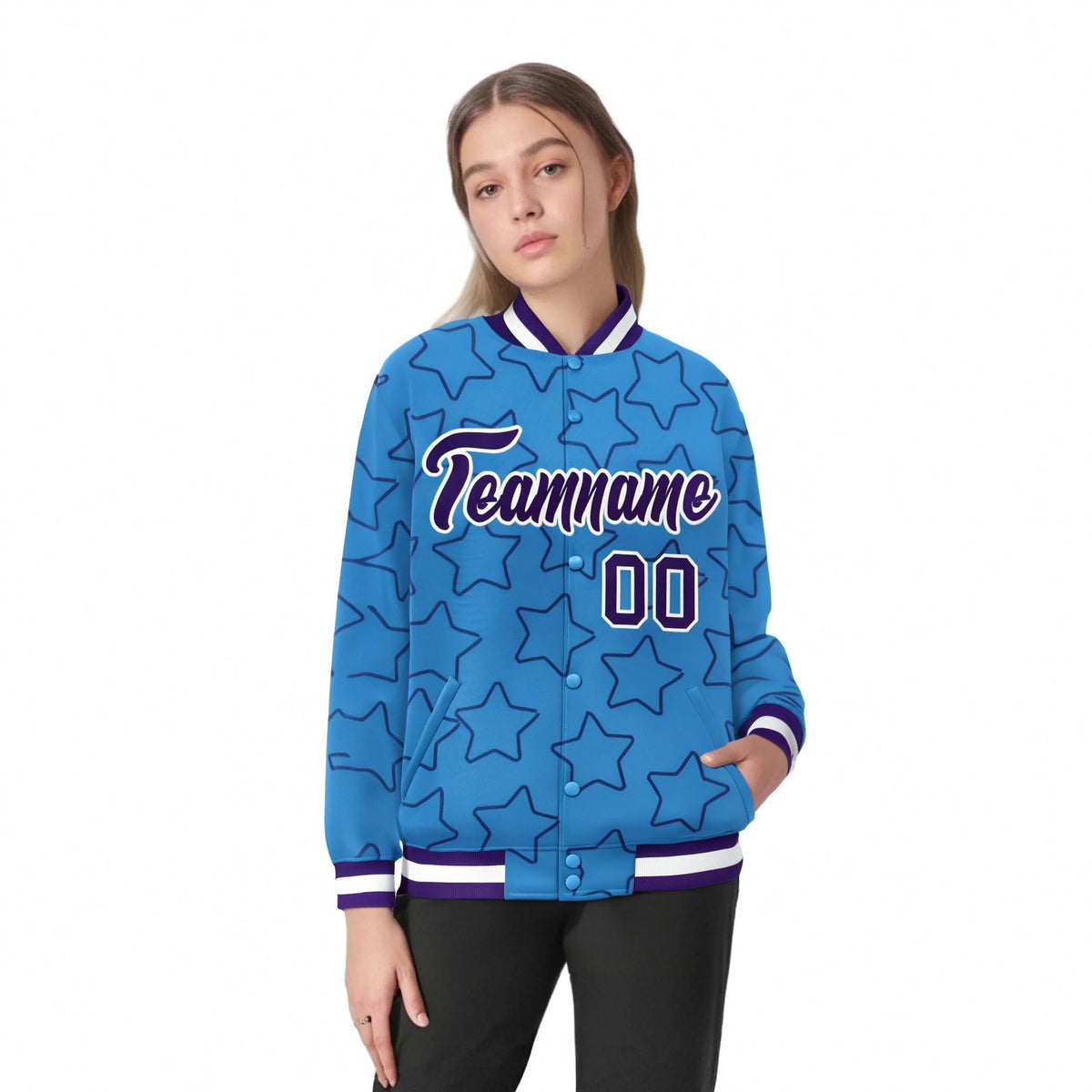 Custom Powder Blue Purple-White Varsity Full-Snap Star Pattern Letterman Baseball Jacket