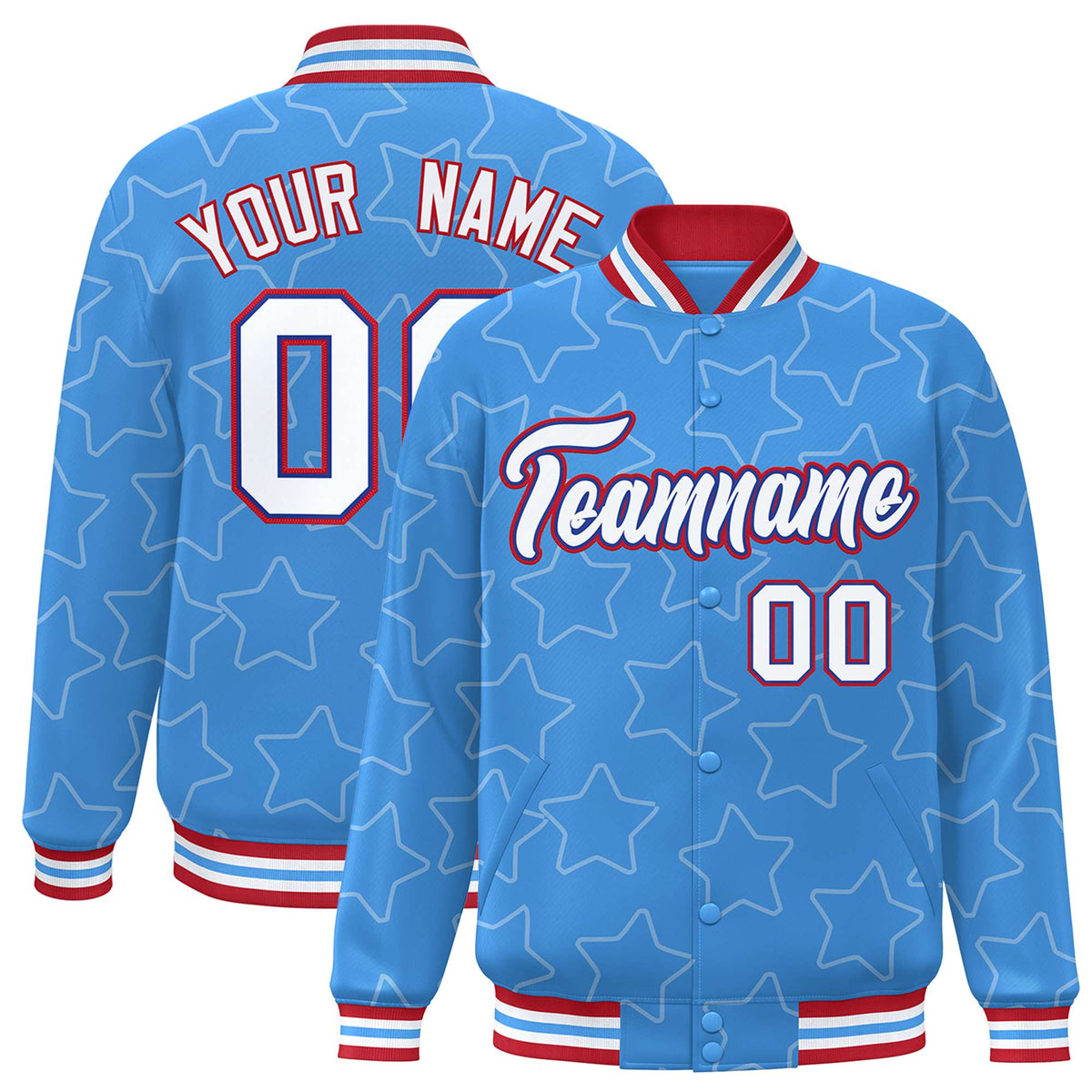 Custom Powder Blue White-Red Varsity Full-Snap Star Pattern Letterman Baseball Jacket