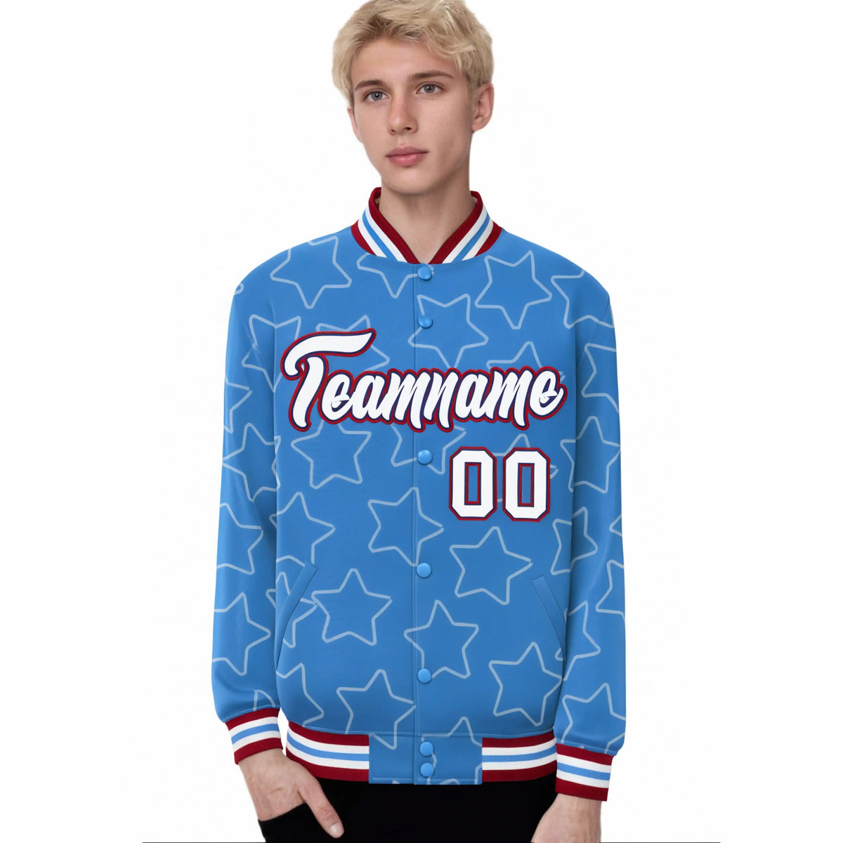 Custom Powder Blue White-Red Varsity Full-Snap Star Pattern Letterman Baseball Jacket