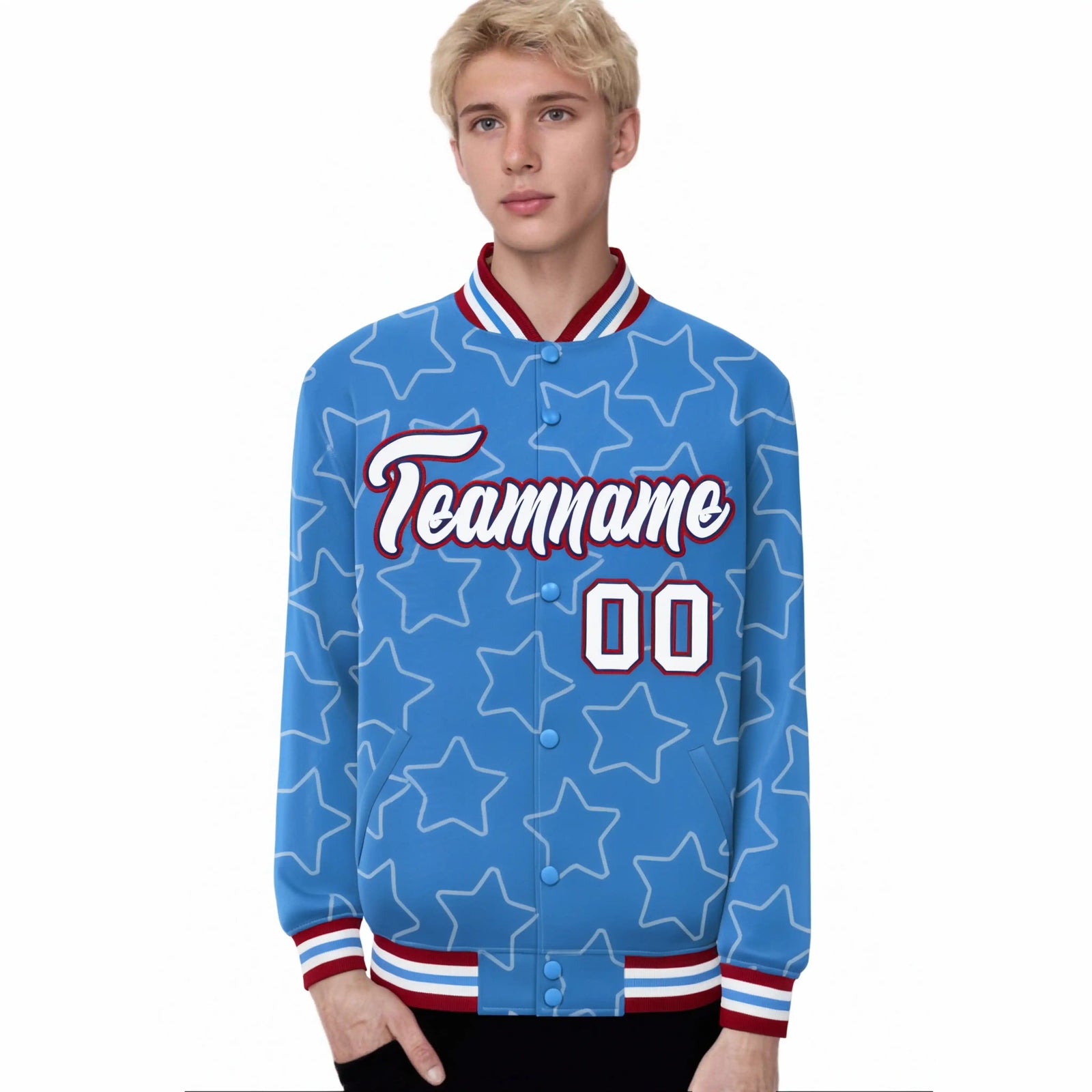 Custom Powder Blue White-Red Varsity Full-Snap Star Pattern Letterman Baseball Jacket