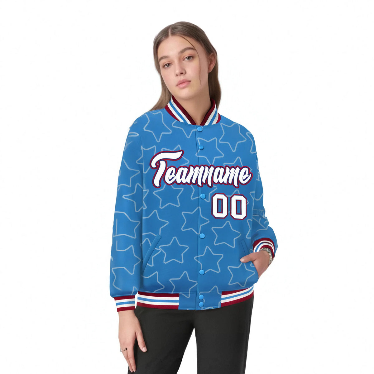 Custom Powder Blue White-Red Varsity Full-Snap Star Pattern Letterman Baseball Jacket