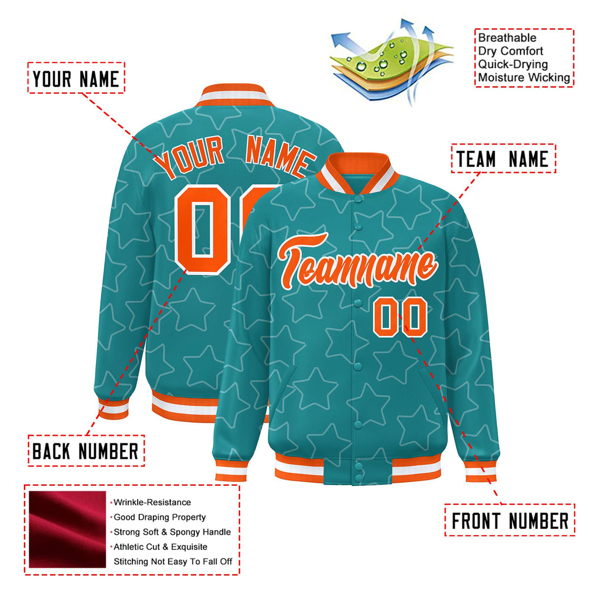 Custom Aqua Orange-White Varsity Full-Snap Star Pattern Letterman Baseball Jacket