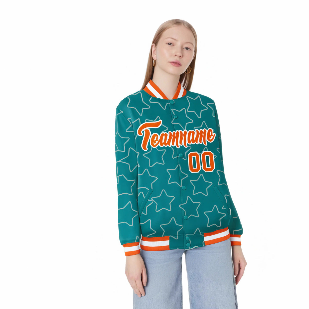 Custom Aqua Orange-White Varsity Full-Snap Star Pattern Letterman Baseball Jacket