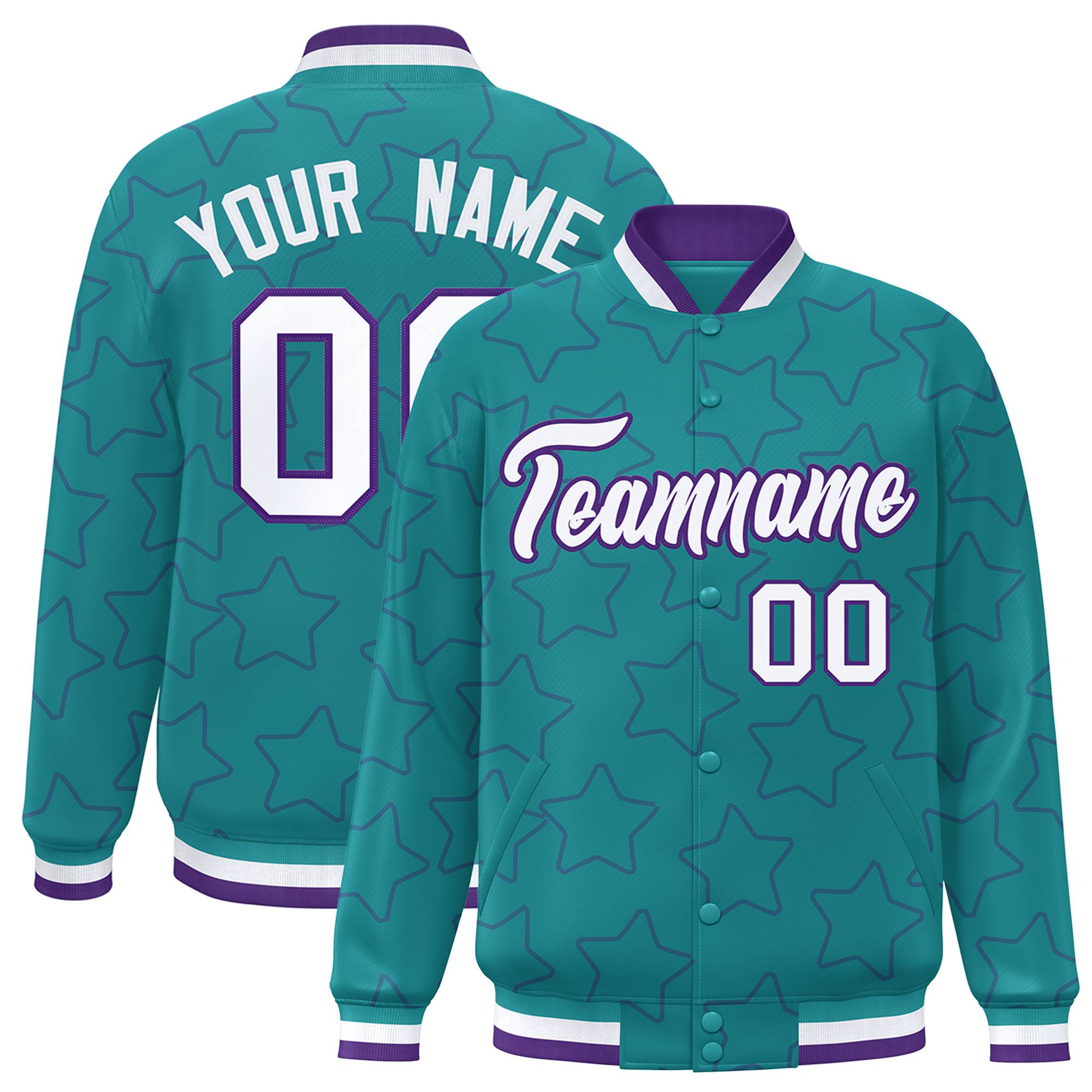 Custom Aqua White-Purple Varsity Full-Snap Star Pattern Letterman Baseball Jacket