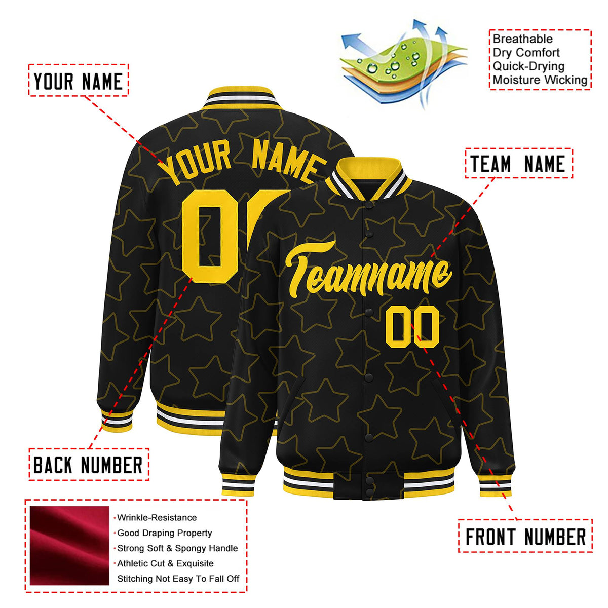 Custom Black Gold Varsity Full-Snap Star Pattern Letterman Baseball Jacket
