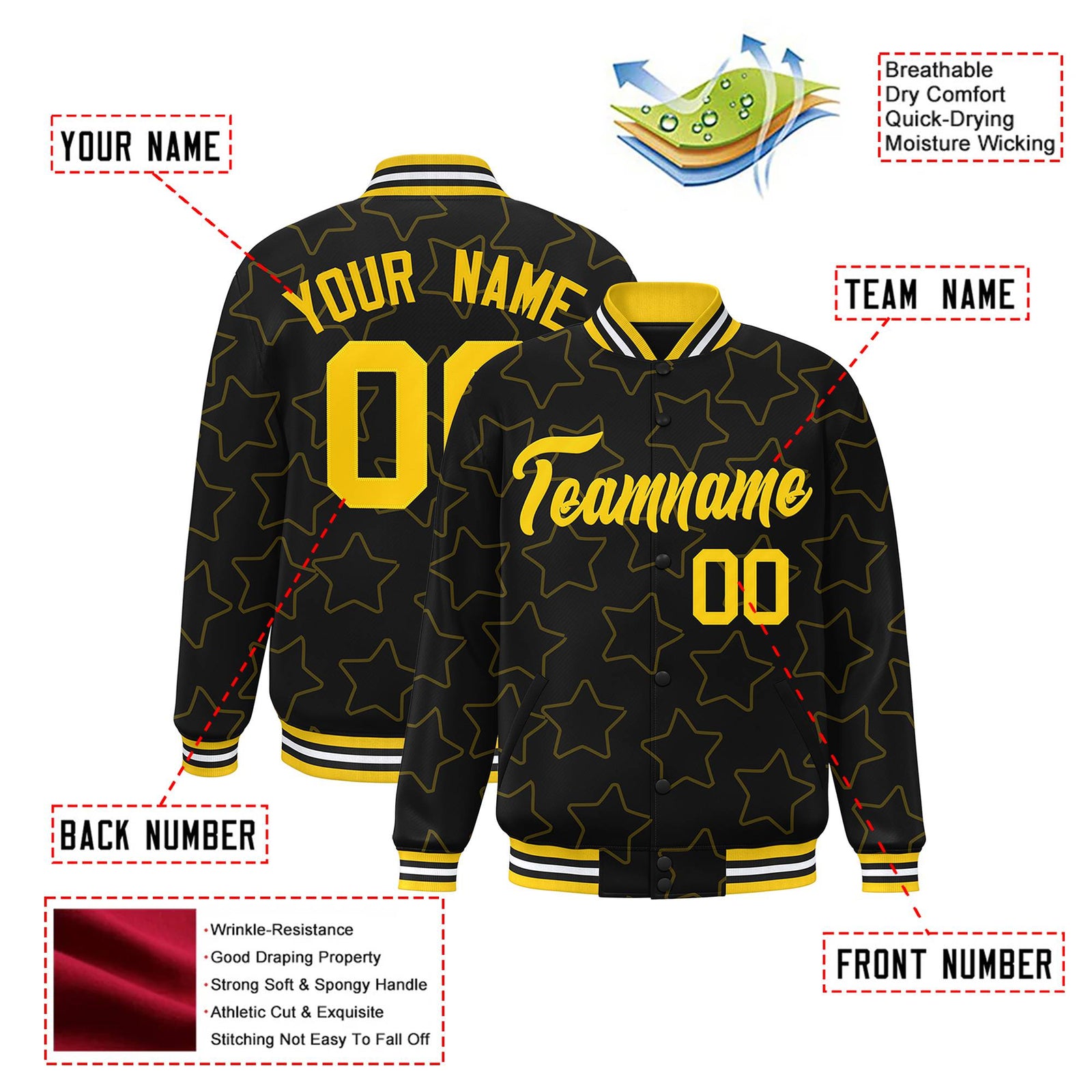 Custom Black Gold Varsity Full-Snap Star Pattern Letterman Baseball Jacket