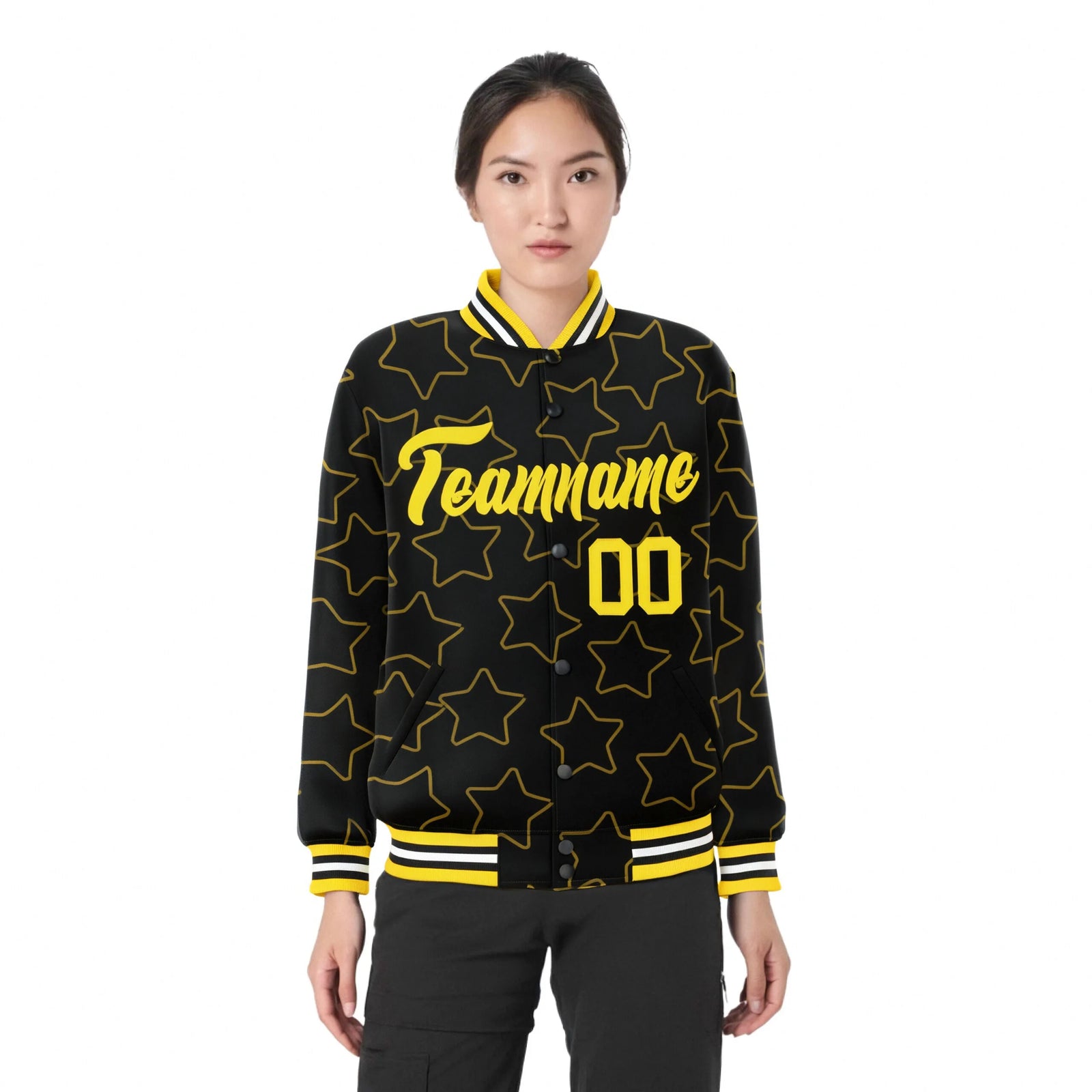 Custom Black Gold Varsity Full-Snap Star Pattern Letterman Baseball Jacket