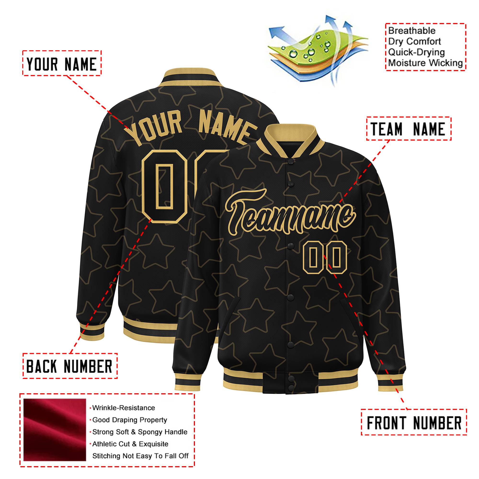 Custom Black Old-Gold Varsity Full-Snap Star Pattern Letterman Baseball Jacket