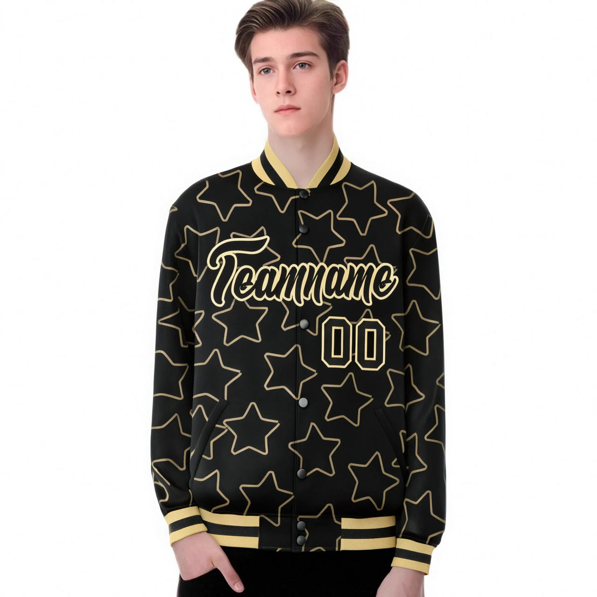 Custom Black Old-Gold Varsity Full-Snap Star Pattern Letterman Baseball Jacket