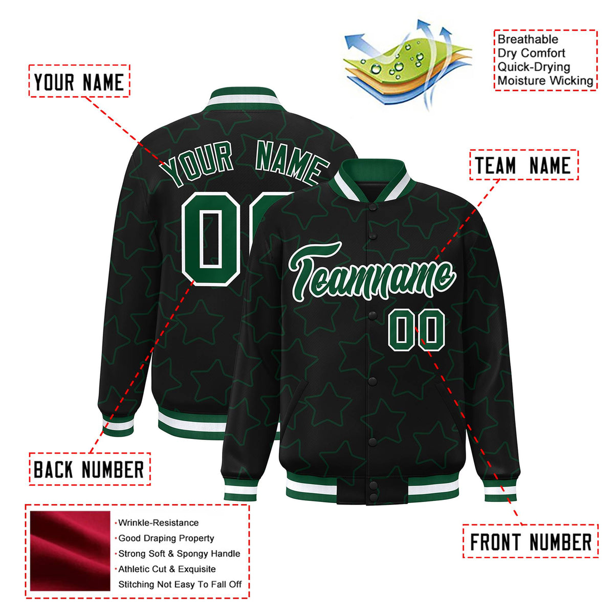 Custom Black Green-White Varsity Full-Snap Star Pattern Letterman Baseball Jacket