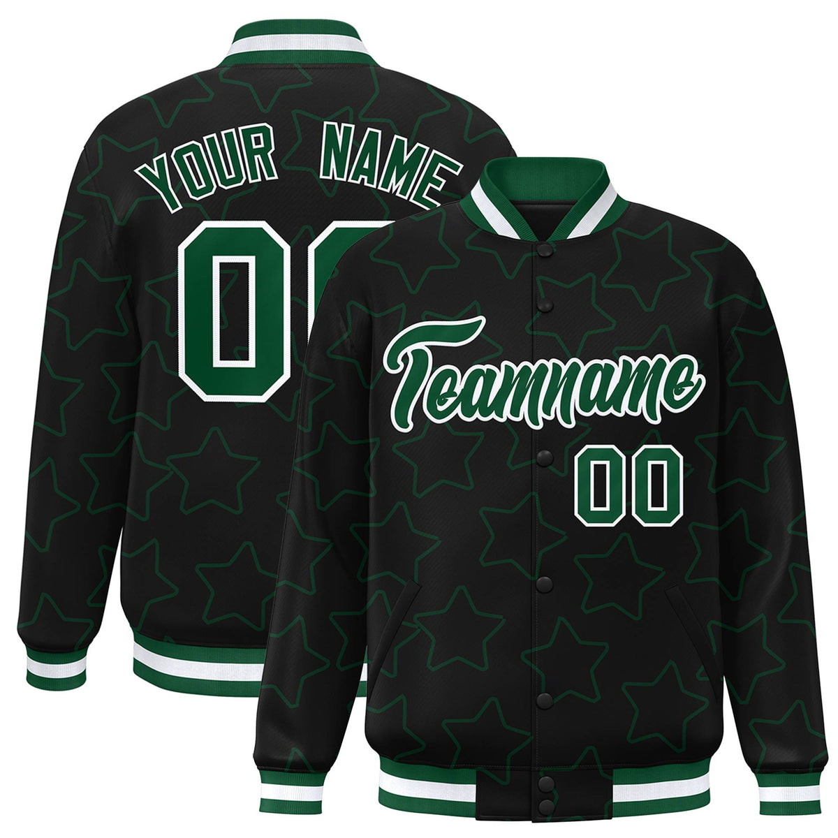 Custom Black Green-White Varsity Full-Snap Star Pattern Letterman Baseball Jacket