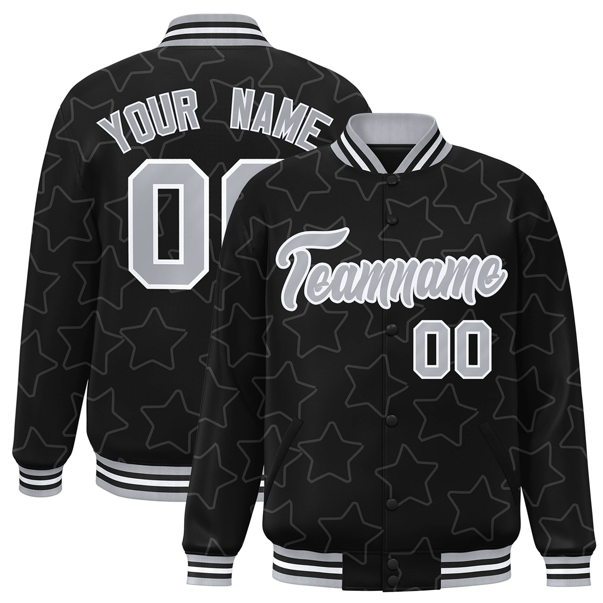 Custom Black Gray-White Varsity Full-Snap Star Pattern Letterman Baseball Jacket