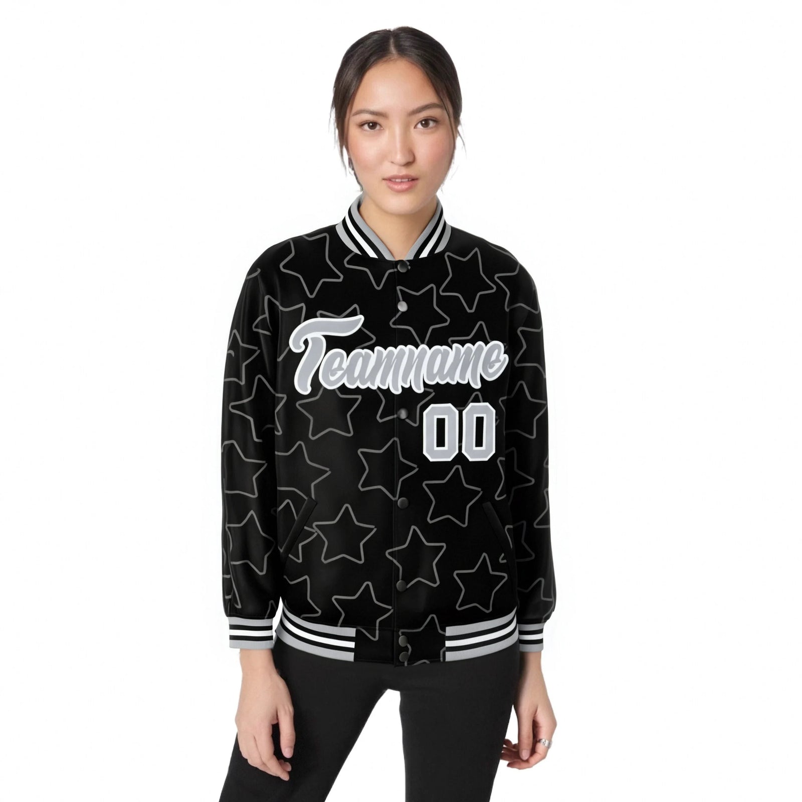 Custom Black Gray-White Varsity Full-Snap Star Pattern Letterman Baseball Jacket