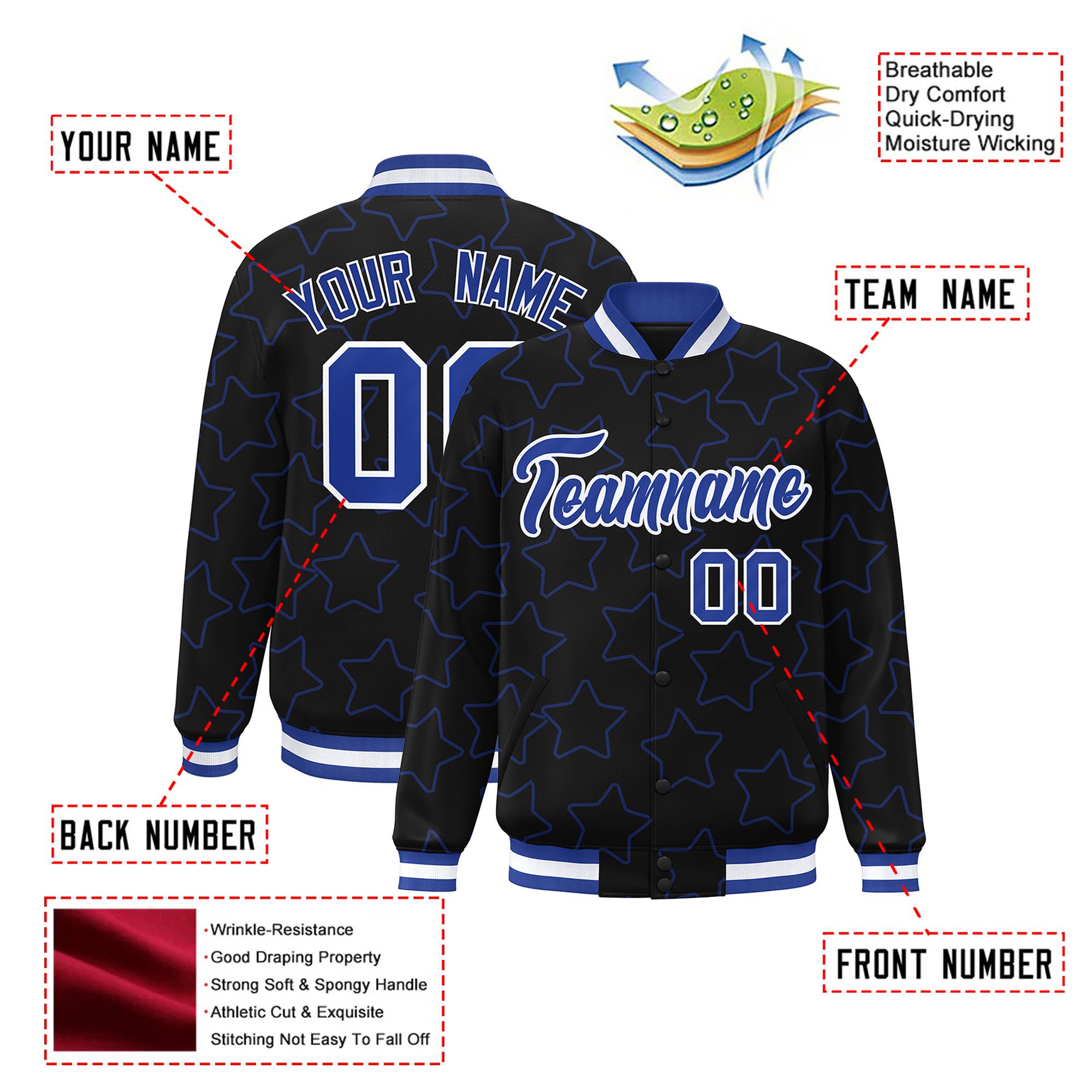 Custom Black Royal Blue-White Varsity Full-Snap Star Pattern Letterman Baseball Jacket