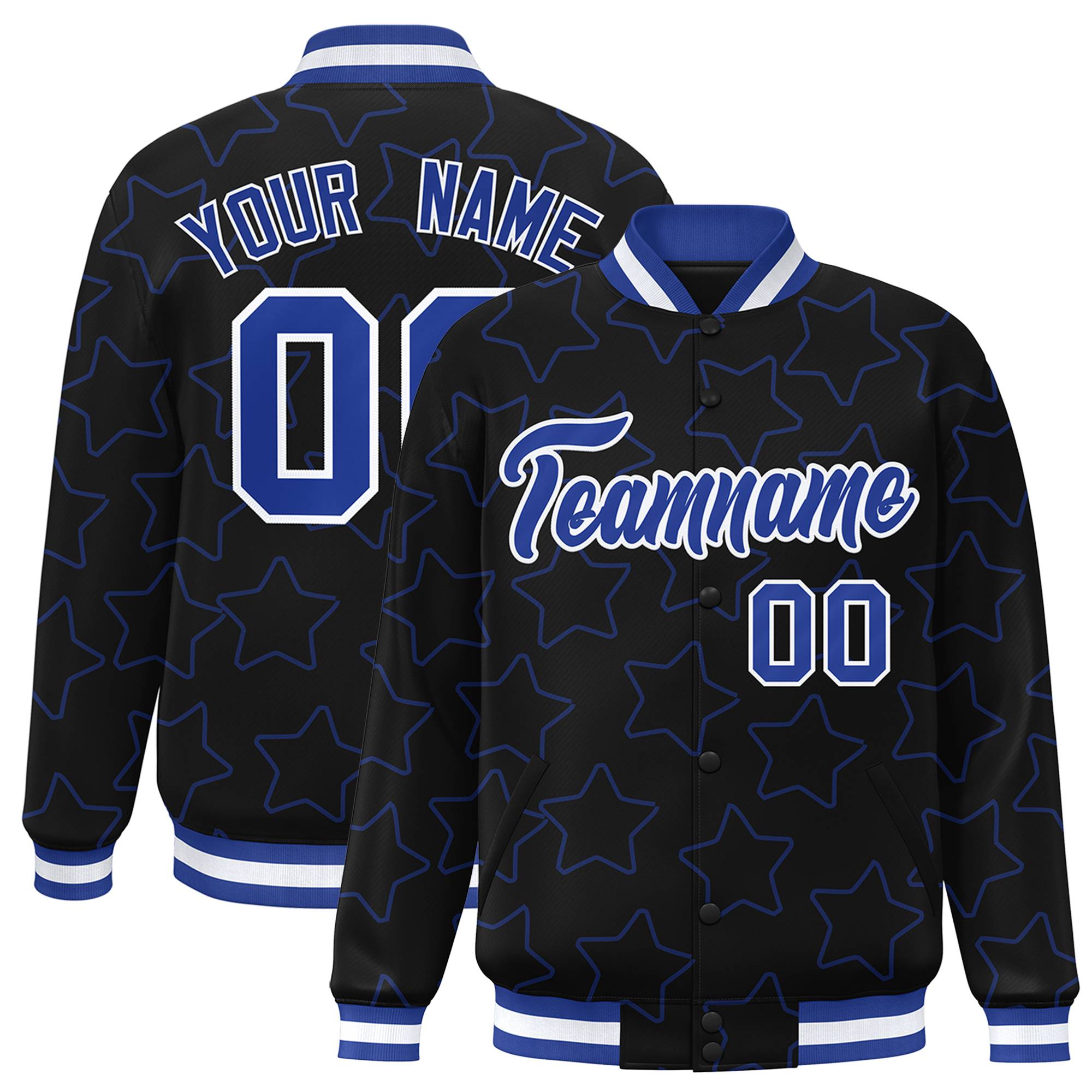 Custom Black Royal Blue-White Varsity Full-Snap Star Pattern Letterman Baseball Jacket