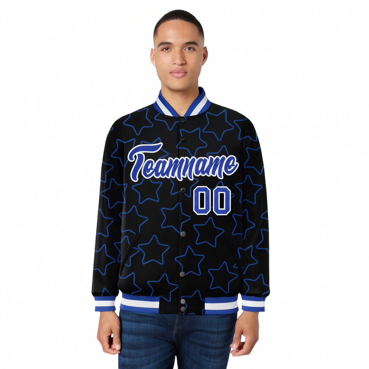 Custom Black Royal Blue-White Varsity Full-Snap Star Pattern Letterman Baseball Jacket