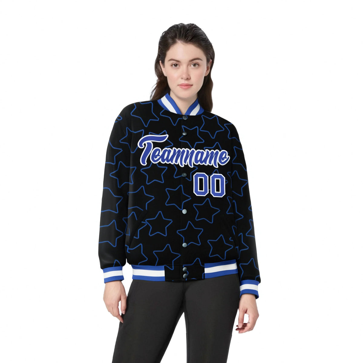 Custom Black Royal Blue-White Varsity Full-Snap Star Pattern Letterman Baseball Jacket